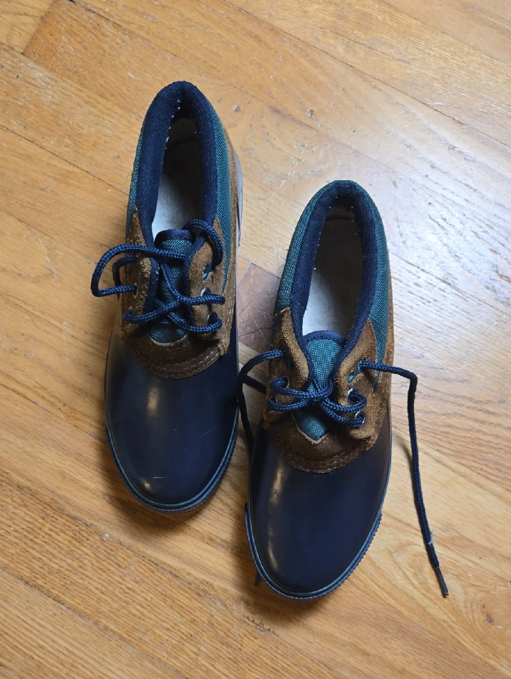 Vintage Bass Ontario navy blue/green/brown fleece insole short Duck rain boots